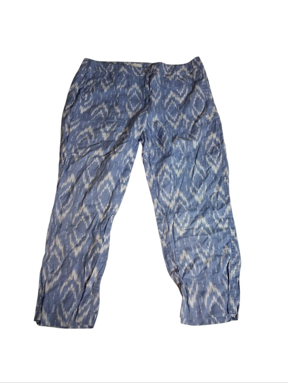 Chico's 100% Linen Crop Pants Chico's 2.5 Large Blue Ikat Print Lightweight